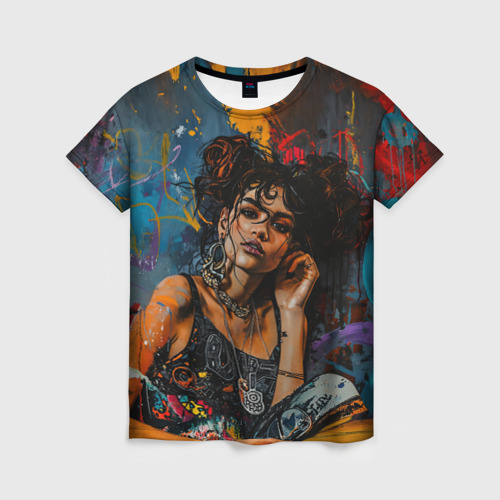 Женская футболка 3D с принтом Красочный граффити портрет девушки, вид спереди #2