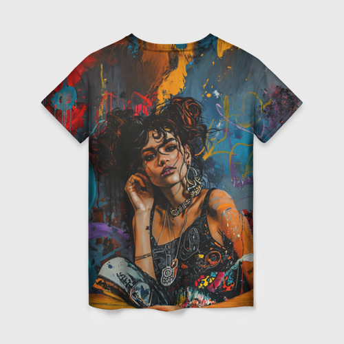 Женская футболка 3D с принтом Красочный граффити портрет девушки, вид сзади #1