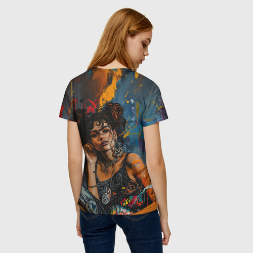 Женская футболка 3D с принтом Красочный граффити портрет девушки, вид сзади #2