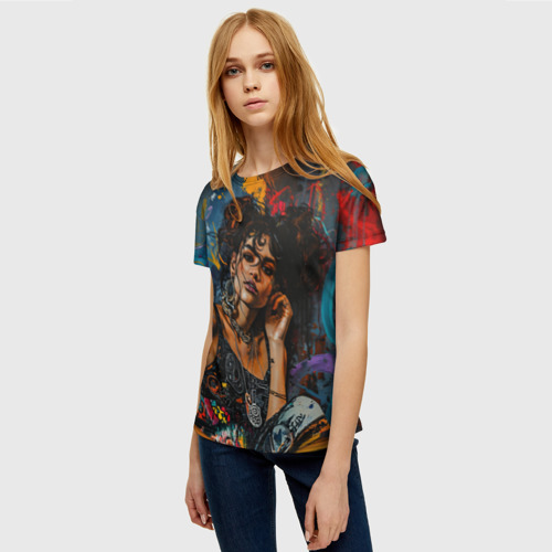 Женская футболка 3D с принтом Красочный граффити портрет девушки, фото на моделе #1