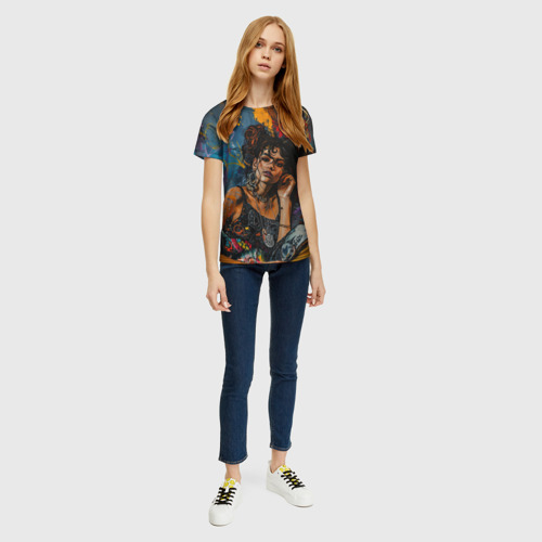 Женская футболка 3D с принтом Красочный граффити портрет девушки, вид сбоку #3