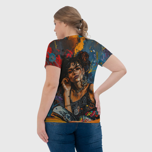 Женская футболка 3D с принтом Красочный граффити портрет девушки, вид сзади #2