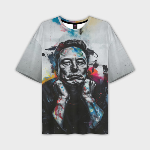 Мужская футболка oversize 3D Илон Маск граффити портрет на серой стене, цвет 3D печать