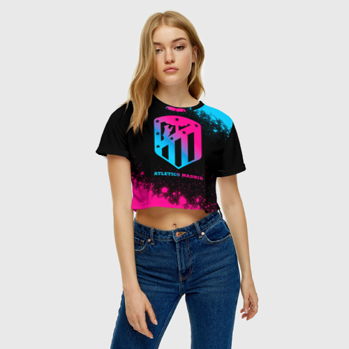 Женская футболка Crop-top 3D Atletico Madrid - neon gradient, цвет 3D печать - фото 4