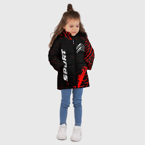 Зимняя куртка для девочек 3D с принтом Citroen red sport tires, вид сбоку #3