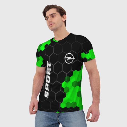 Мужская футболка 3D с принтом Opel green sport hexagon, фото на моделе #1
