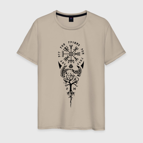 Мужская футболка хлопок Компас вегвизир с воронами одина и с древом иггдрасиль, цвет миндальный
