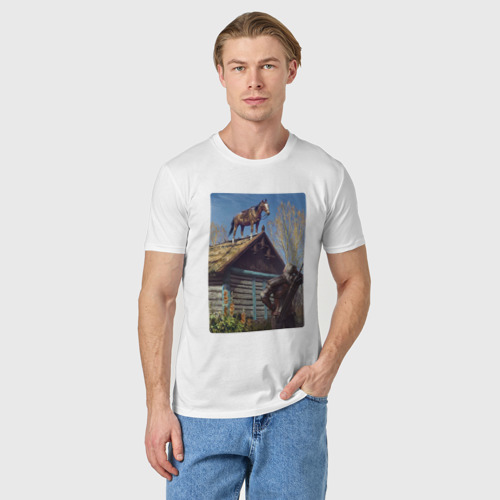 Мужская футболка хлопок Геральд и плотва на крыше - обложка карты из Гвинта, цвет белый - фото 3