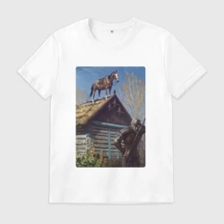 Мужская футболка хлопок Геральд и плотва на крыше - обложка карты из Гвинта