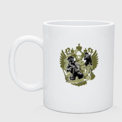 Кружка керамическая Герб России и воины на оливковом фоне