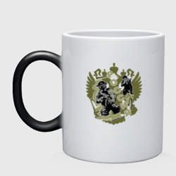 Кружка хамелеон Герб России и воины на оливковом фоне