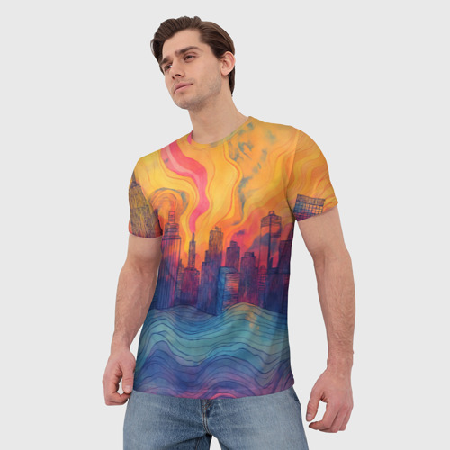 Мужская футболка 3D Абстрактный город в волнах красок, цвет 3D печать - фото 3