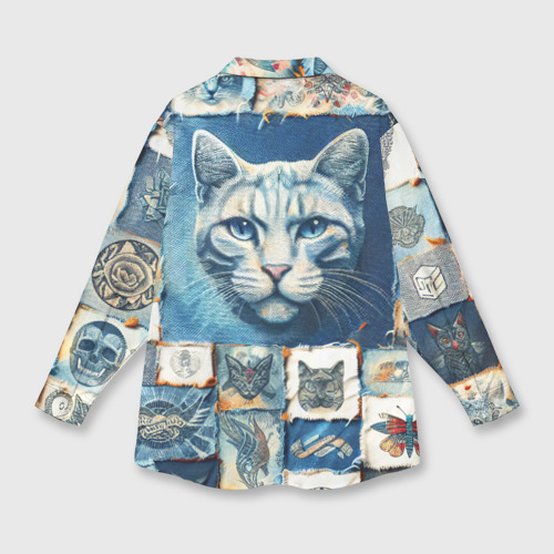 Мужская рубашка oversize 3D с принтом Кошка на дениме - пэчворк, вид сзади #1