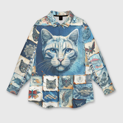 Мужская рубашка oversize 3D с принтом Кошка на дениме - пэчворк, вид спереди #2