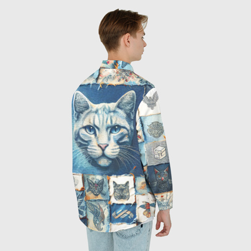 Мужская рубашка oversize 3D с принтом Кошка на дениме - пэчворк, вид сзади #2