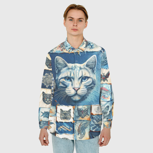 Мужская рубашка oversize 3D с принтом Кошка на дениме - пэчворк, фото на моделе #1