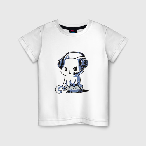 Детская футболка хлопок Котёнок игроман The kitten is a gamer, цвет белый