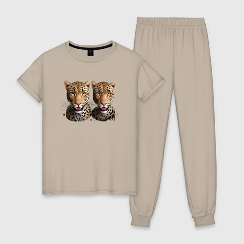 Женская пижама хлопок с принтом Близнецы гепарды портрет, вид спереди #2