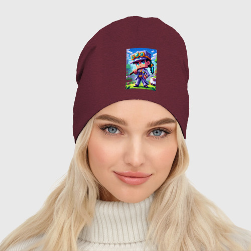 Женская шапка демисезонная Джотаро Куджо и Майнкрафт - коллаба нейросеть, цвет меланж-бордовый - фото 3