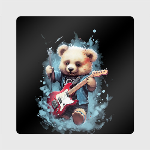 Магнит виниловый Квадрат с принтом Плюшевый медведь музыкант с гитарой, вид спереди №1