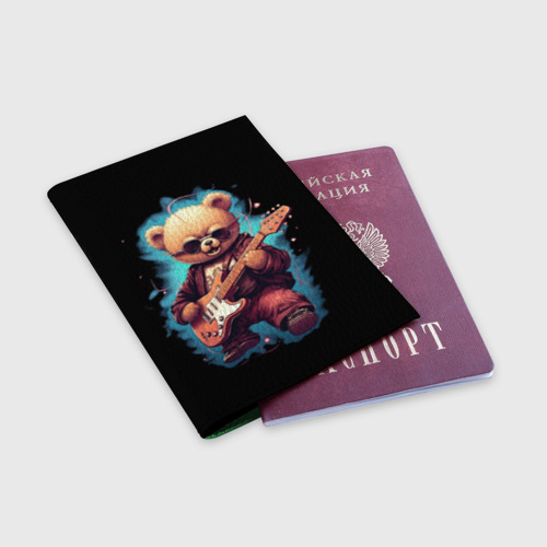 Обложка для паспорта матовая кожа Плюшевый медведь музыкант с  гитарой, цвет зеленый - фото 3