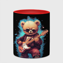 Кружка с принтом Плюшевый медведь музыкант с  гитарой для любого человека, вид спереди №4. Цвет основы: белый + красный