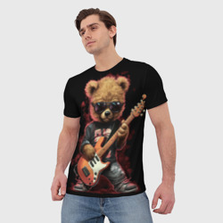 Футболка с принтом Плюшевый медведь музыкант  с гитарой для мужчины, вид на модели спереди №2. Цвет основы: белый