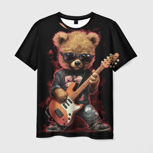 Мужская футболка с принтом Плюшевый медведь музыкант  с гитарой, вид спереди №1