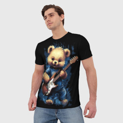 Футболка с принтом Плюшевый  медведь музыкант с гитарой для мужчины, вид на модели спереди №2. Цвет основы: белый