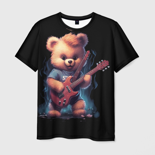 Мужская футболка с принтом Большой плюшевый медведь играет на гитаре, вид спереди №1