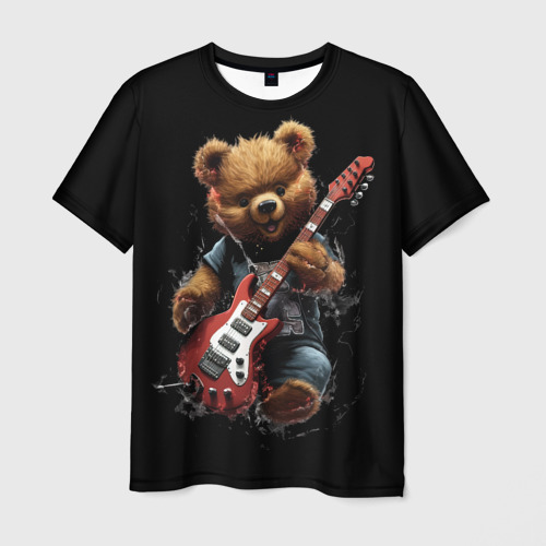 Мужская футболка с принтом Большой плюшевый медведь играет  на гитаре, вид спереди №1