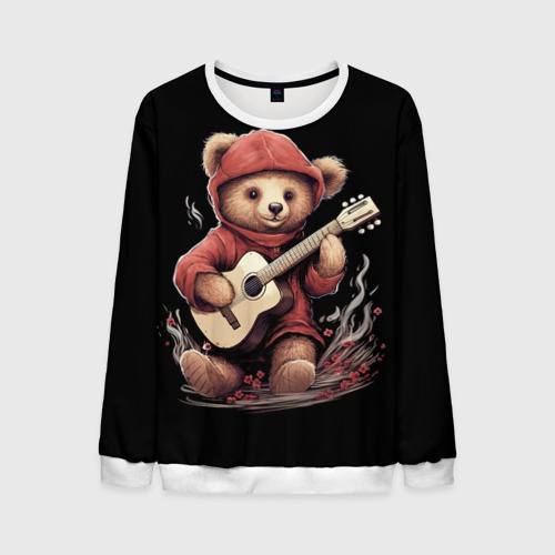 Мужской свитшот 3D Большой плюшевый  медведь играет на гитаре, цвет белый