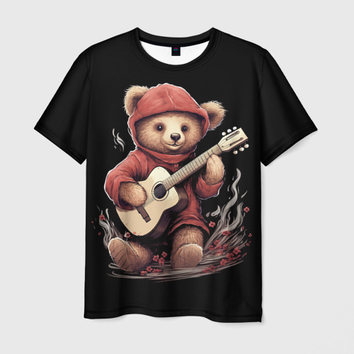 Мужская футболка с принтом Большой плюшевый  медведь играет на гитаре, вид спереди №1