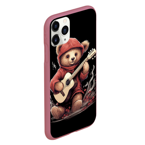 Чехол для iPhone 11 Pro матовый Большой плюшевый  медведь играет на гитаре, цвет малиновый - фото 3