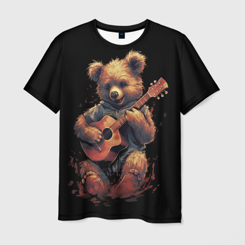 Мужская футболка с принтом Большой  плюшевый медведь играет на гитаре, вид спереди №1