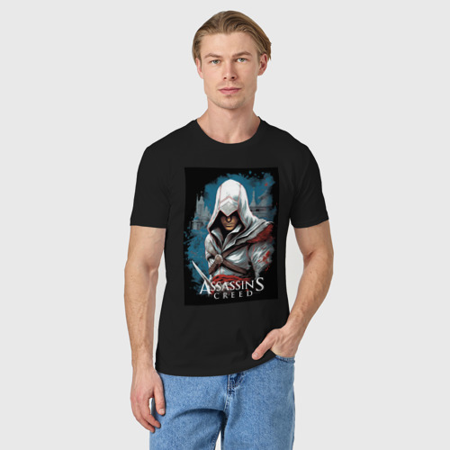 Мужская футболка хлопок с принтом Assassin's creed белый кинжал, фото на моделе #1