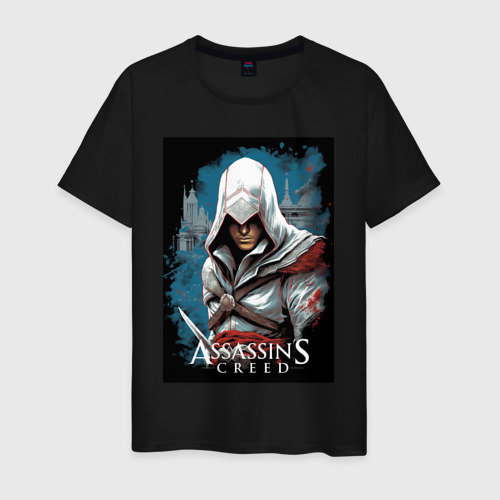 Мужская футболка хлопок с принтом Assassin's creed белый кинжал, вид спереди #2