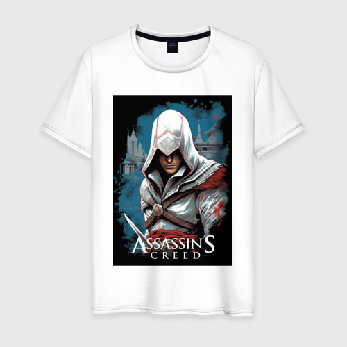 Мужская футболка из хлопка с принтом Assassin's creed белый кинжал, вид спереди №1