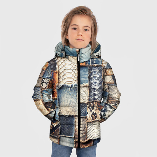 Зимняя куртка для мальчиков 3D с принтом Змеиная кожа - пэчворк, фото на моделе #1