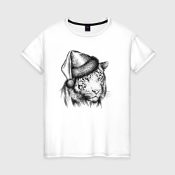 Женская футболка хлопок Тигр новогодний в шапке