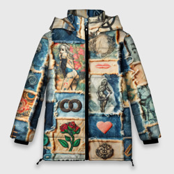 Женская зимняя куртка Oversize Баксы и девушки на дениме - пэчворк