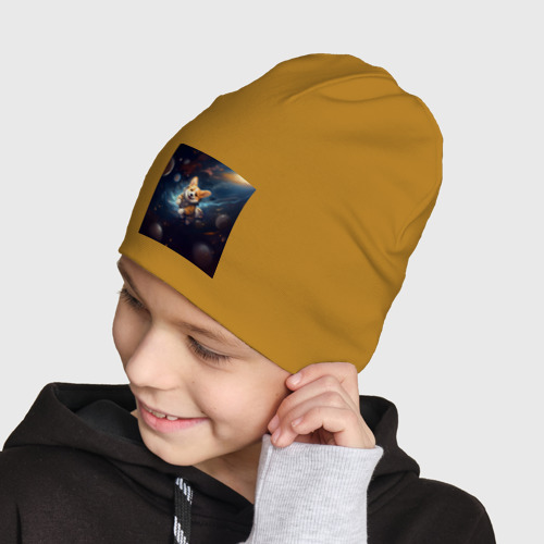 Детская шапка демисезонная Корги в космосе, цвет горчичный - фото 4
