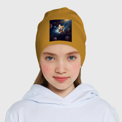 Детская шапка демисезонная Корги в космосе, цвет горчичный - фото 5