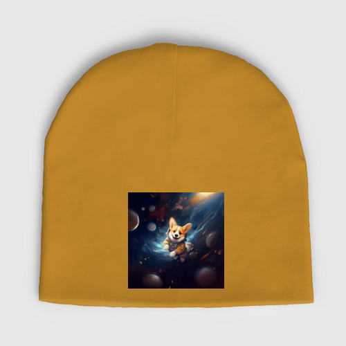 Детская шапка демисезонная Корги в космосе, цвет горчичный