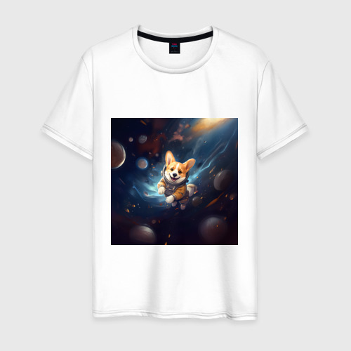 Мужская футболка из хлопка с принтом Корги в космосе, вид спереди №1