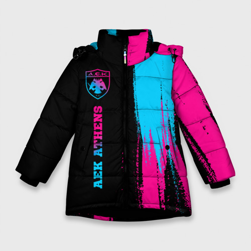 Зимняя куртка для девочек 3D с принтом AEK Athens - neon gradient по-вертикали, вид спереди #2