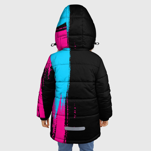 Зимняя куртка для девочек 3D с принтом AEK Athens - neon gradient по-вертикали, вид сзади #2