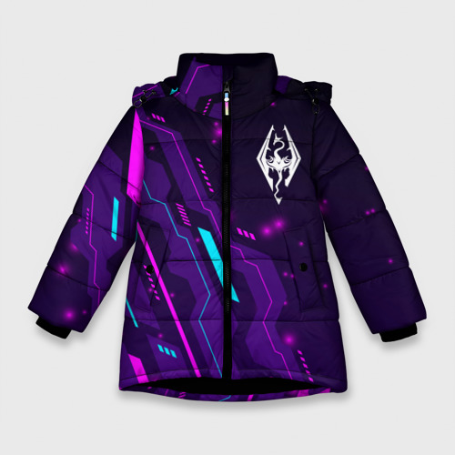 Зимняя куртка для девочек 3D с принтом Skyrim neon gaming, вид спереди #2