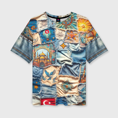 Женская футболка oversize 3D Джинсы в Турции - пэчворк, цвет 3D печать