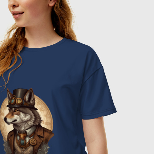 Женская футболка хлопок Oversize Волк симпатик, цвет темно-синий - фото 3